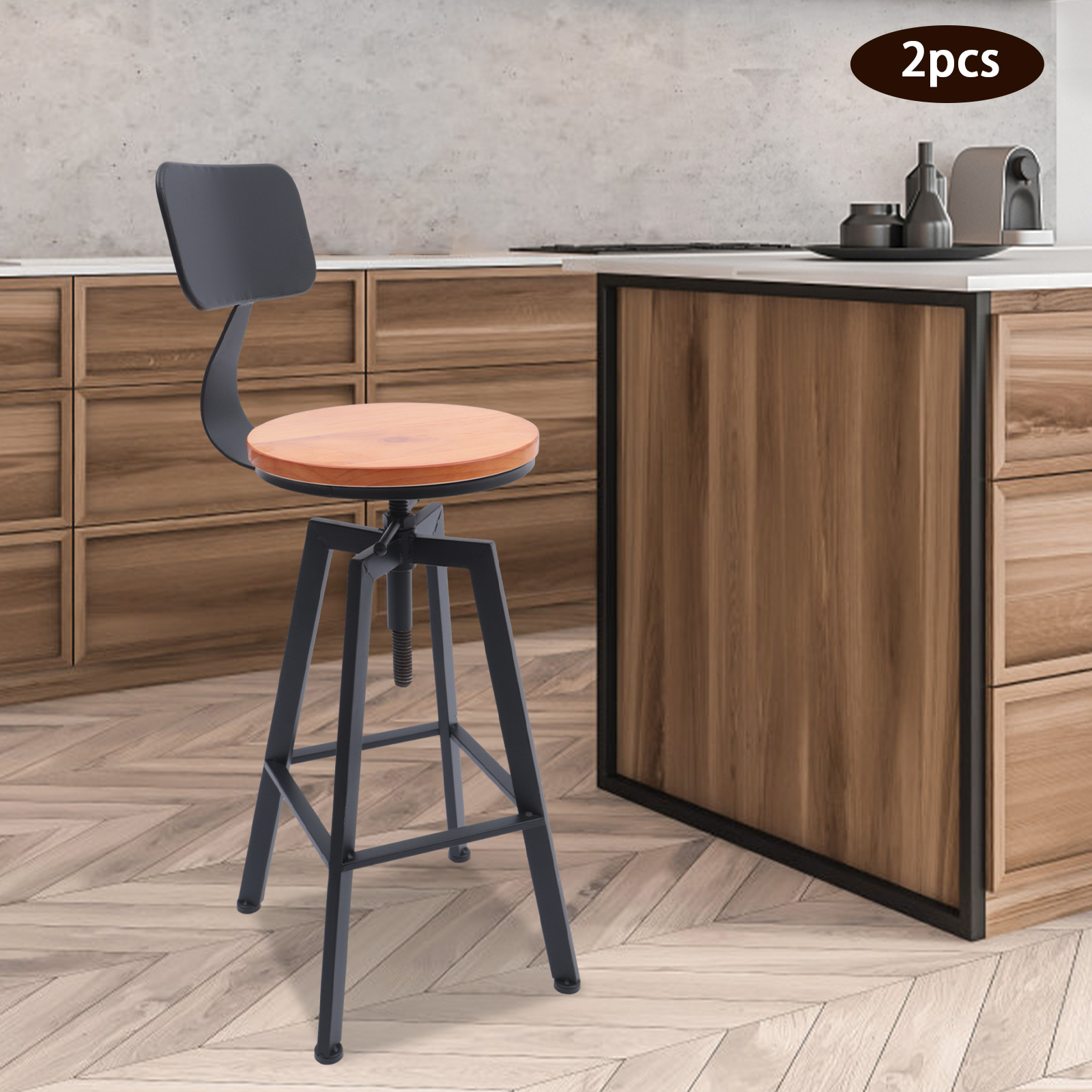 2 x runder Barhocker aus Holz mit Rückenlehne und Fußstütze, industrielles Retro-Design, verstellbar, 64–84 cm Fußstütze, Thekenhocker