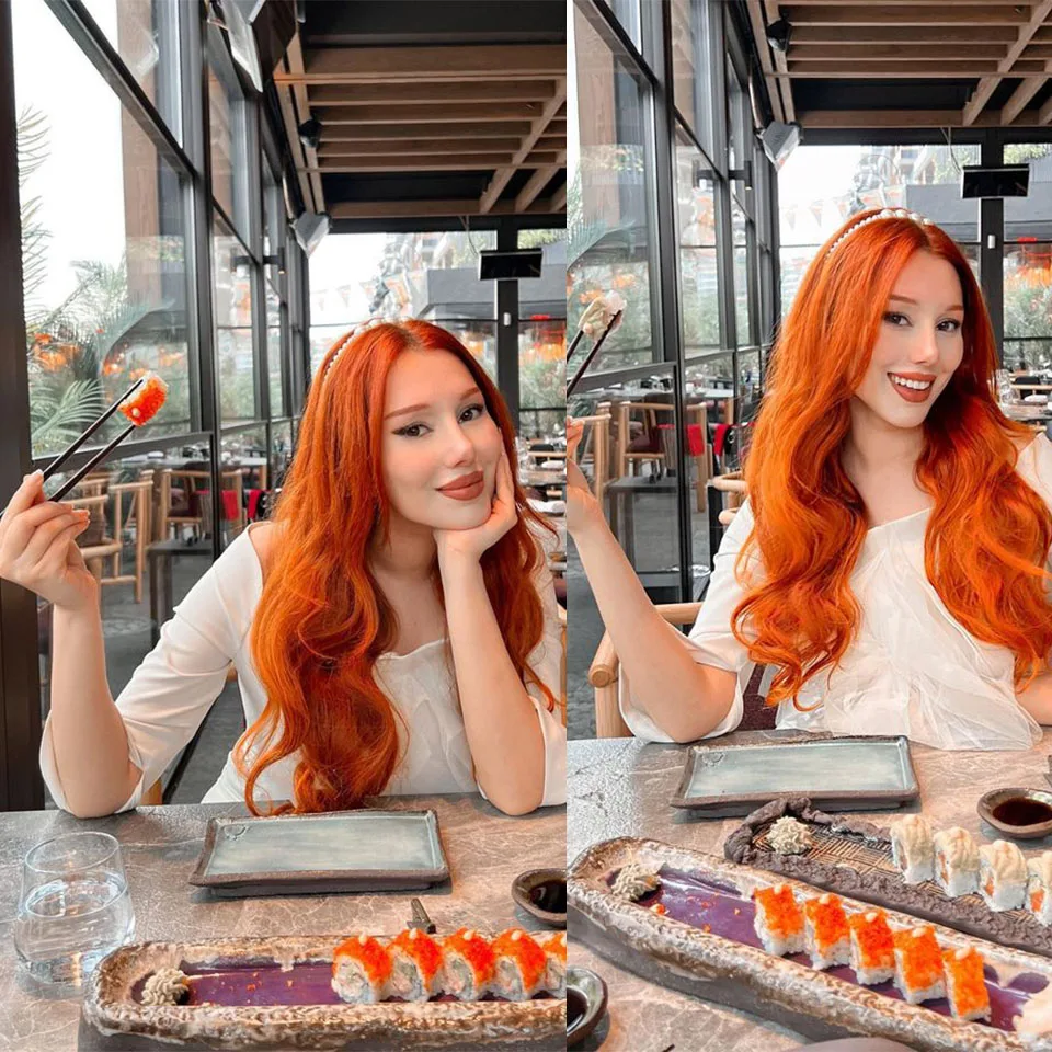 Magicea ผมหางม้าแบบคลื่นสังเคราะห์สำหรับที่ยืดผมขิงผมเปียกลอนคลื่นแบบเปียกสีบลอนด์เน้นที่อุณหภูมิสูงสีส้ม
