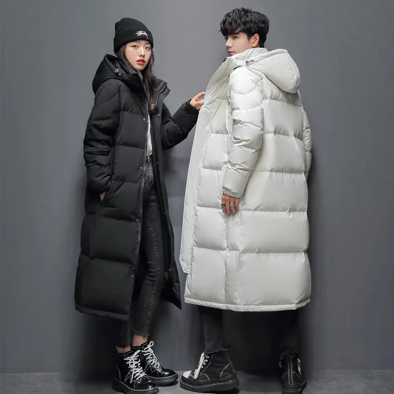 ฤดูหนาวสีขาวลงเสื้อแจ็คเก็ตผู้ชายผู้หญิง Hooded หนา Over-the-Knee PUFFER JACKET Man เสื้อกันหนาวคู่ลงเสื้อ
