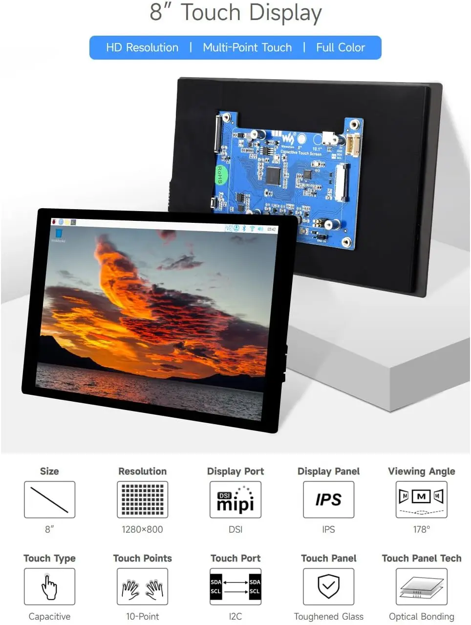 Wave share 8-Zoll-DSI-Display Mipi-Schnitts telle ips kapazitiver Touchscreen 1280 × 800 Pixel für Himbeer-Pi 5/4b/3b/3a cm3/3/4