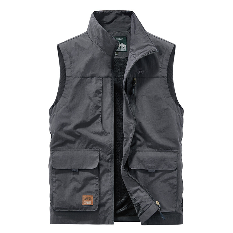 FGKKS Herren-Freizeitweste, einfarbig, Weste im Werkzeugstil, dünn, Angeln, Wandern, mehrere Taschen, lässige, lockere Weste für Herren