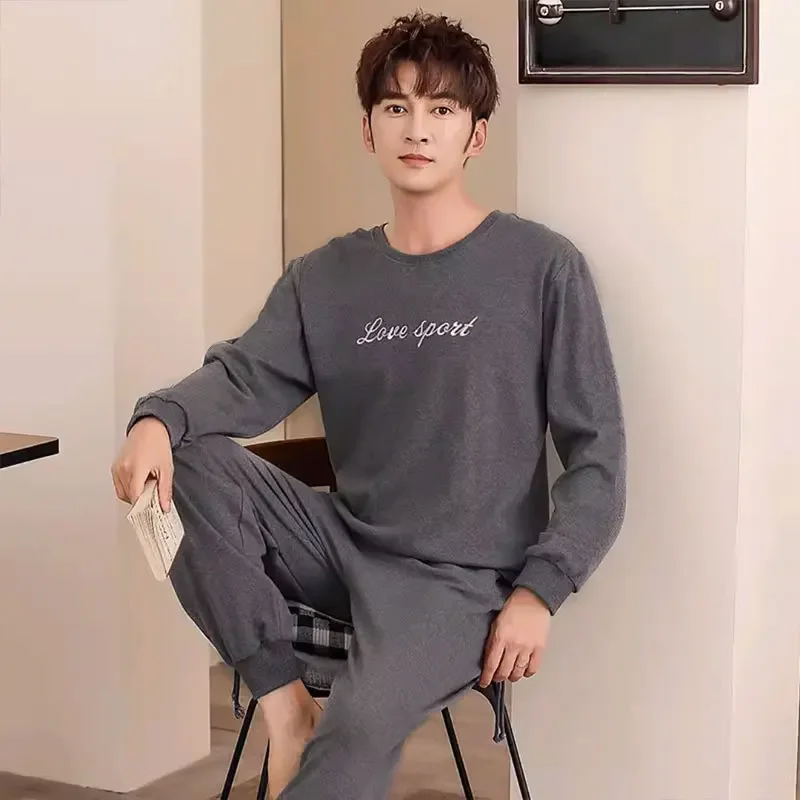 Pijamas de algodão masculinos primavera e outono calças compridas de manga comprida versão coreana do solto homewear sólido pijamas loungewear grande