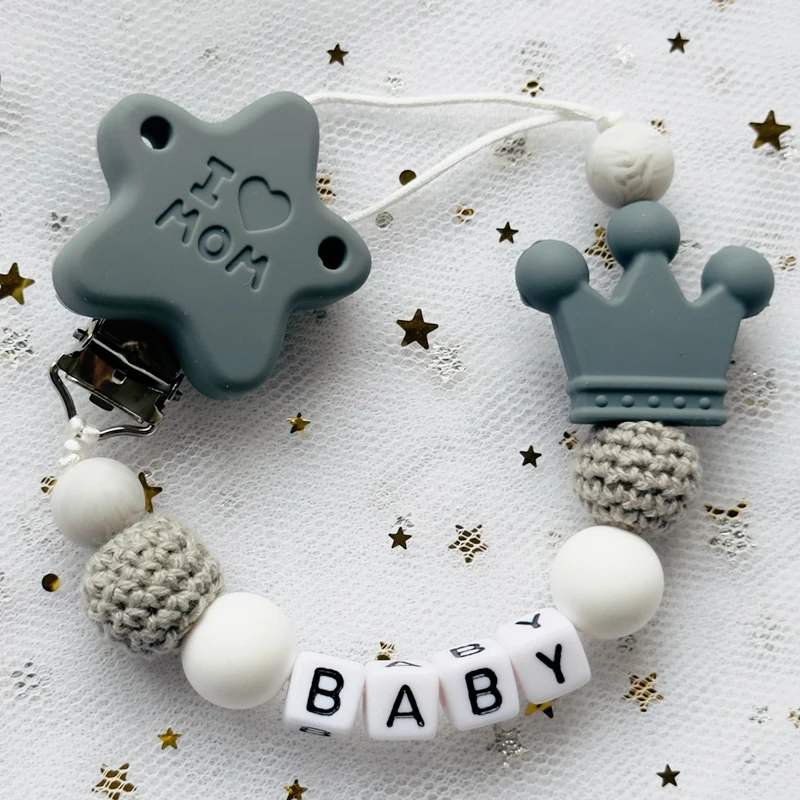 Nuevo DIY nombre personalizado cuentas de silicona anillo de madera Clips para chupete cadenas de dentición seguras mordedor amigable chupete Clips de haya soporte regalo