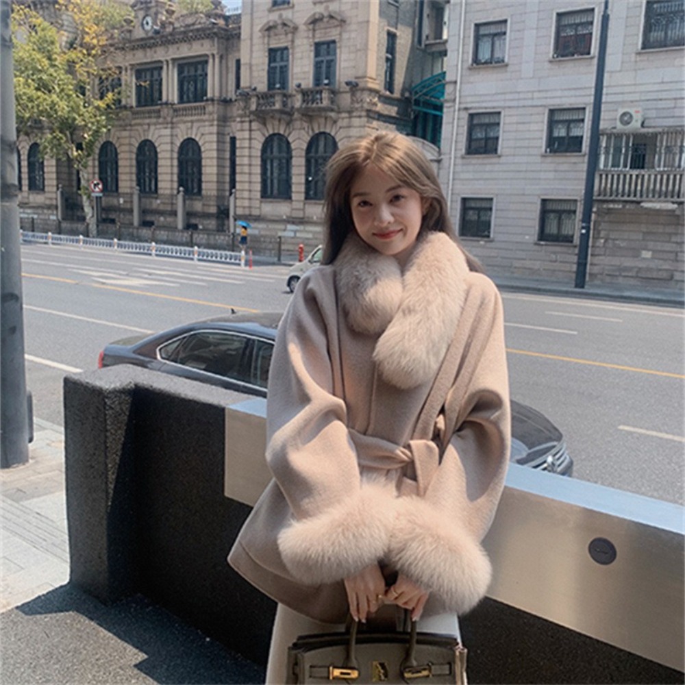 2024 moda coreana casaco de lã com cinto feminino inverno sólido gola de pele de raposa grosso quente longo senhoras rendas até casaco de lã outwear