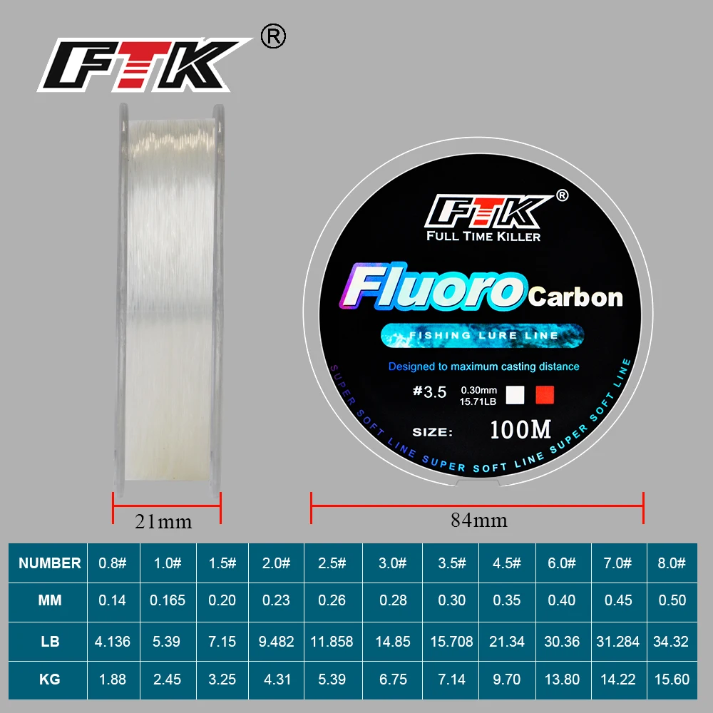 Ftk 100m linha de pesca com revestimento de fluorocarbono 4.13lb-34.32lb linha líder de monofilamento de fibra de carbono linha de afundamento de pesca de carpa