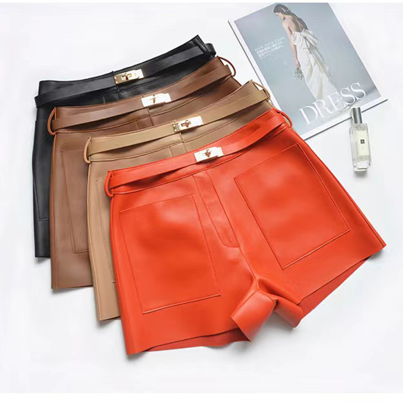 Real Sheepskin Leather Shorts Women New Arrival 2024 Casual Genuine Leather Shorts Versatile White Belt Botton short mujer Pant