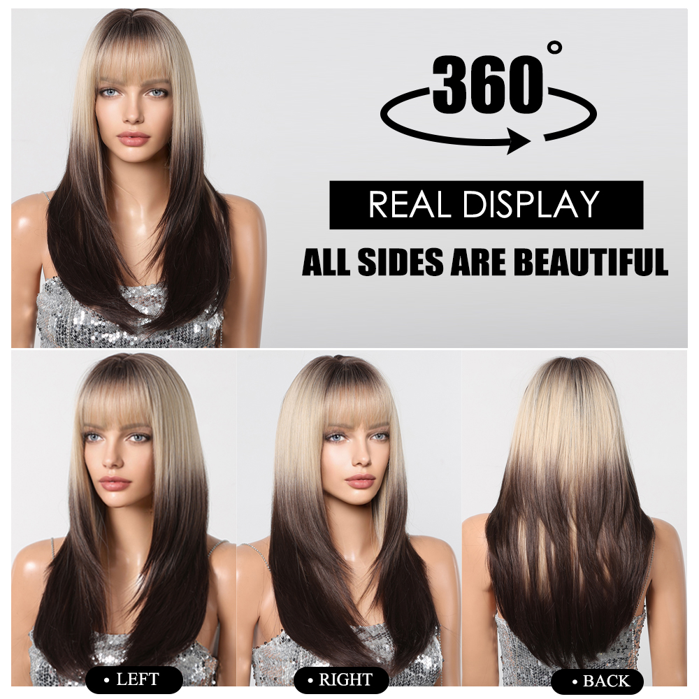 Pelucas naturales de capas largas con flequillo para mujeres blancas, pelo liso sintético ombré, pelo rubio platino a negro