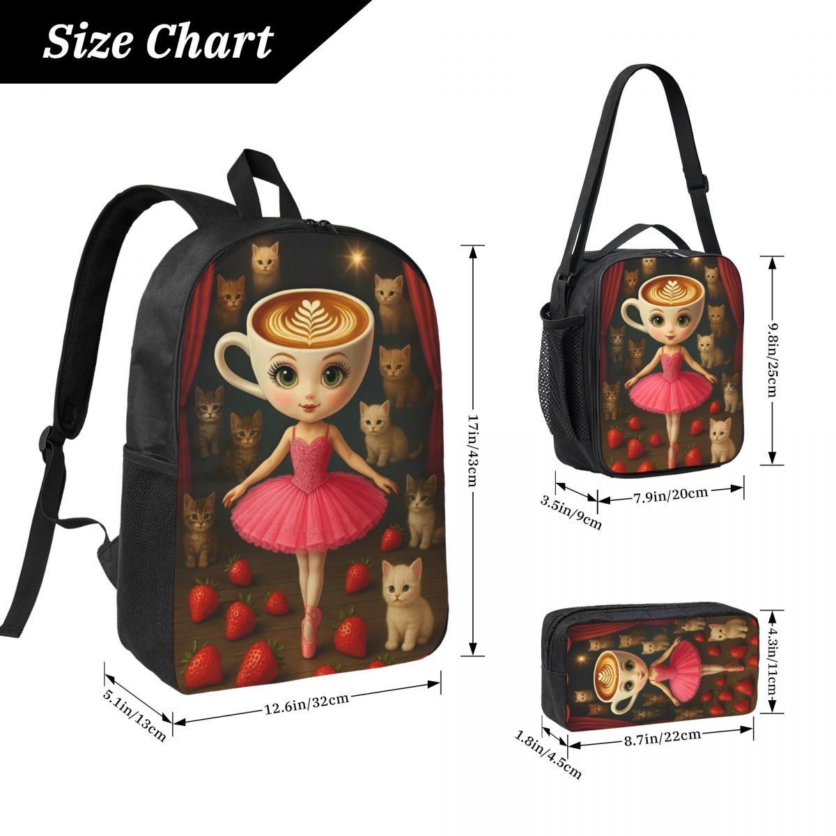 Balerina Capuchina Thug Thug Thug Sahur キッズバックパックランチボックスペンバッグ男の子女の子バックパック通学ブックバッグセット