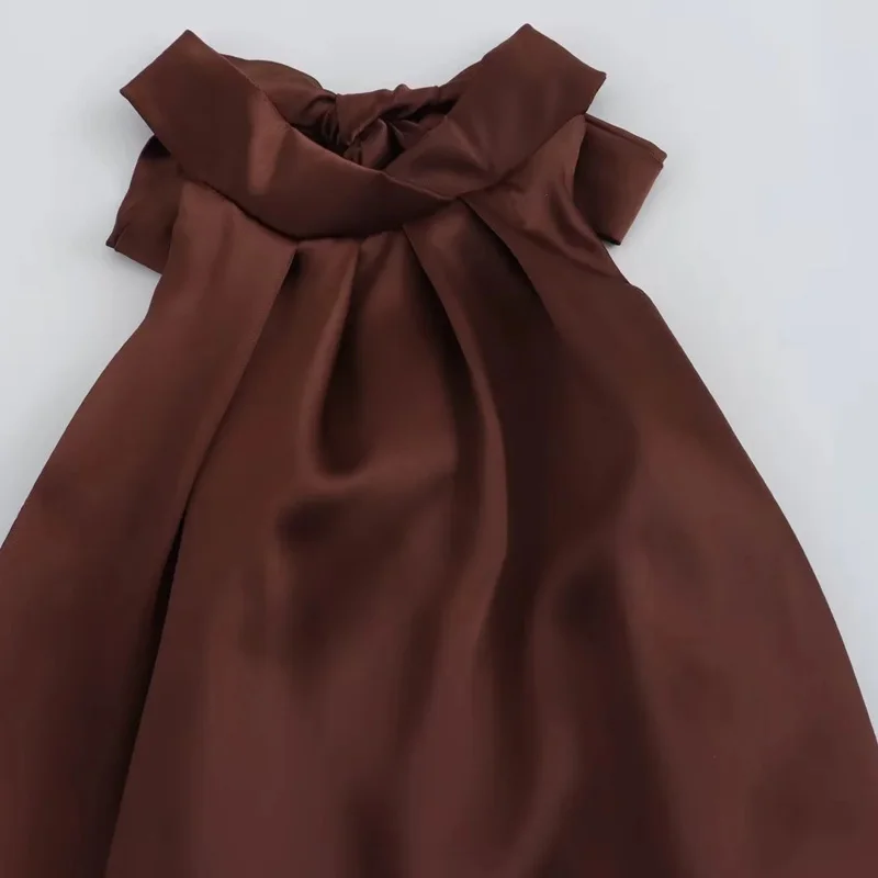 TRAF Halter ซาตินชุดยาวผู้หญิงผูก Backless สีน้ําตาล Midi ฤดูร้อนปิดไหล่ชุดปาร์ตี้ชุดราตรีจีบ