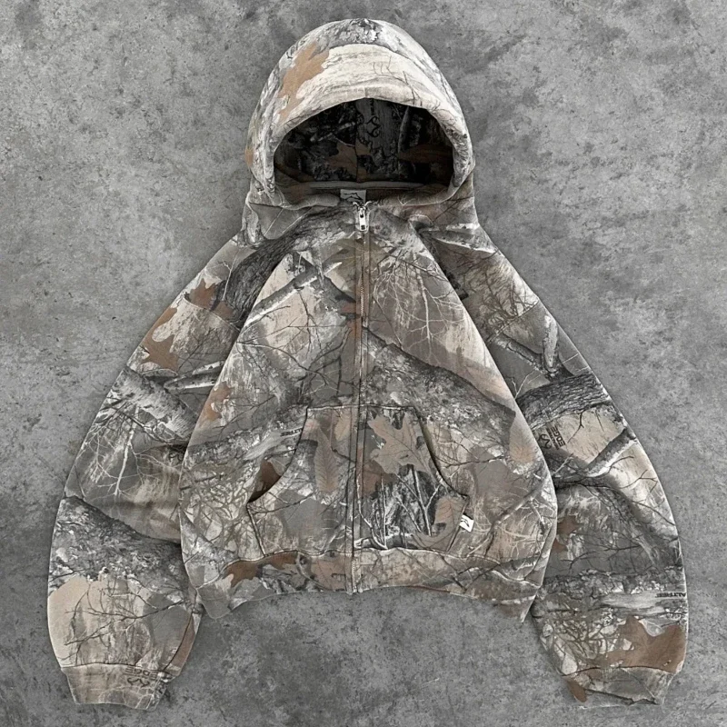 Sudadera con capucha Retro Y2K con cremallera para hombre, sudadera con estampado de camuflaje, ropa informal estilo Hip Hop, Sudadera con capucha de camuflaje Unisex de gran tamaño