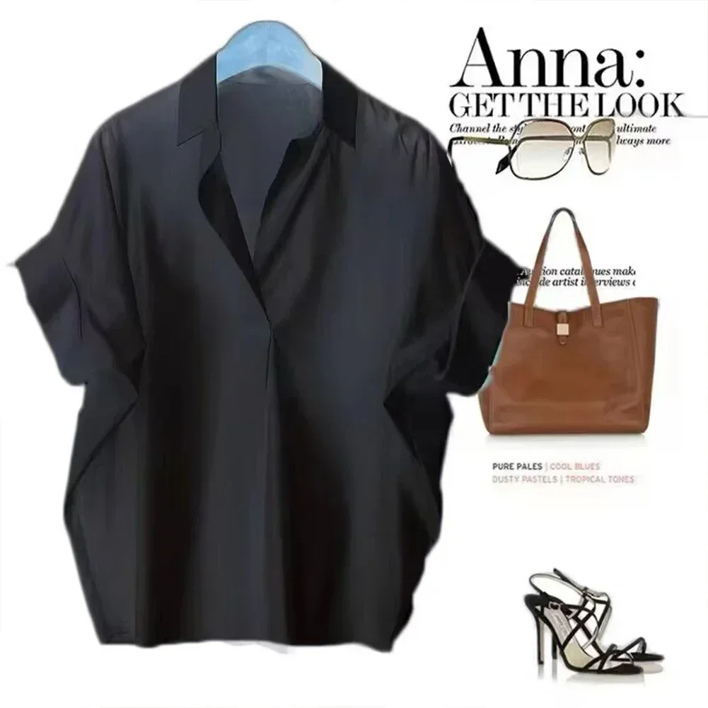 Blusas femininas primavera verão respirável simples manga curta batwing turn town camisas de gola de secagem rápida cor sólida roupas femininas