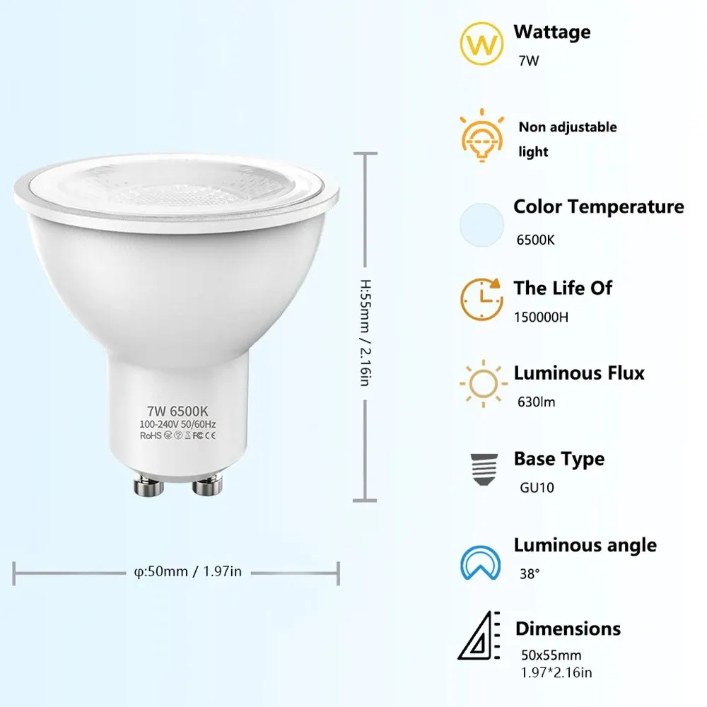 GU10 LED Bulb, 7 Watt Track Bulb, 6500K Cold White, 630 Lumens LED Bulb Replacement MR16 Shape, for Recessed, Track Lighting