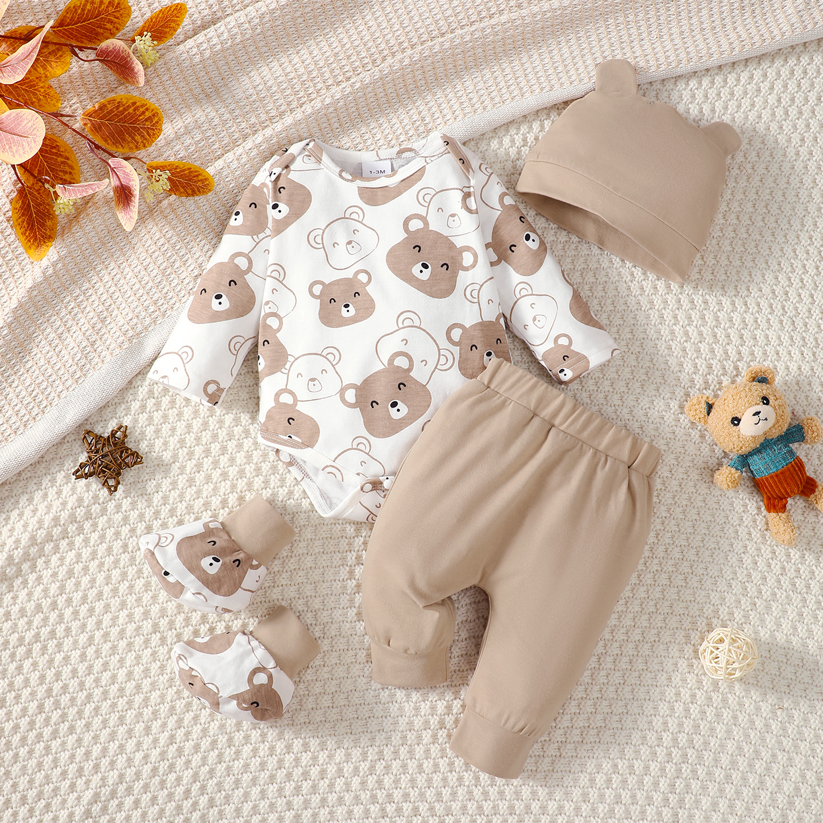 Conjunto de bebê menino de 0 a 9 meses, ursinho, manga longa, body + calça + chapéu + meias, 4 tamanhos, roupas de bebê primavera outono, conjunto recém-nascido