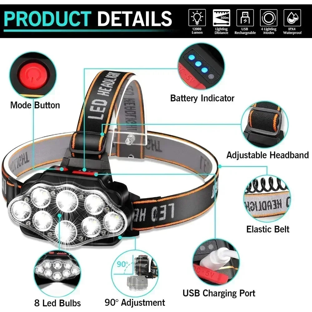 Linterna frontal recargable por USB, lámpara de cabeza brillante de alto Lumen con 8 faros LED, 4 modos IPX4, linterna frontal impermeable