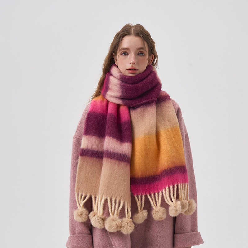 カラフルなレインボーストライプモヘアカシミヤスカーフ、手作り、ウールボール、厚みのあるショール、暖かいネックレスバンド、カップルアクセサリー、冬