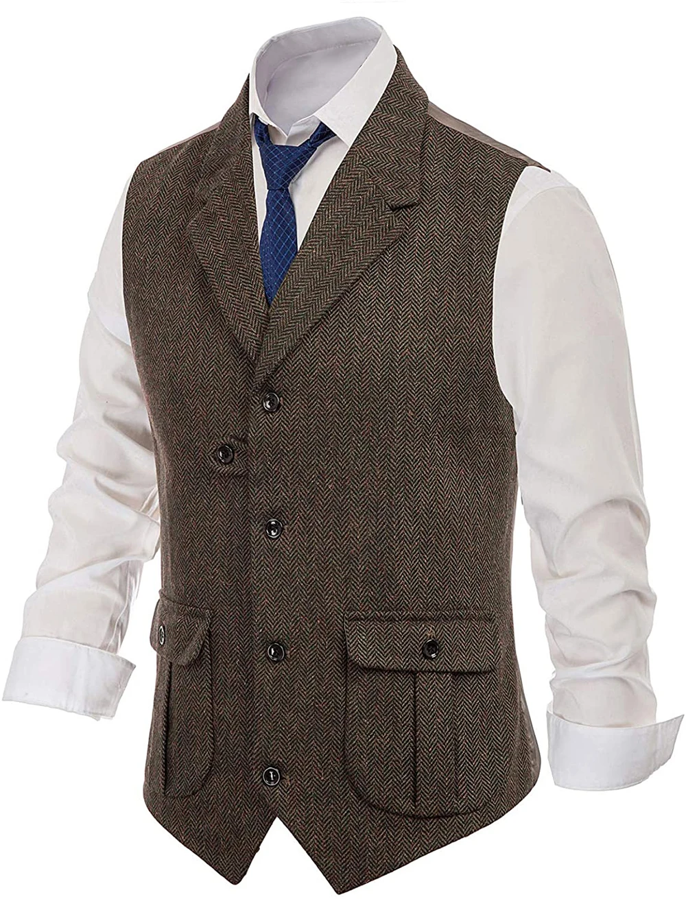 Herringbone ชายเสื้อชุดลําลองเสื้อกั๊ก Notch Lapel 2 กระเป๋า Herringbone เสื้อกั๊กสําหรับงานแต่งงานเจ้าบ่าวชายเสื้อกั๊ก
