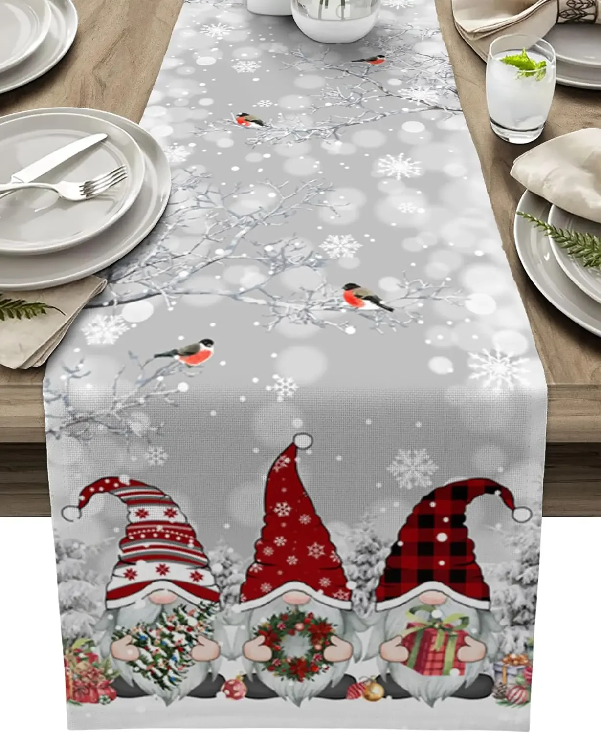 Gnomo de Navidad, rama de copo de nieve, pájaro, camino de mesa de lino, bufandas de tocador, camino de mesa de cocina de Navidad de invierno, decoraciones navideñas