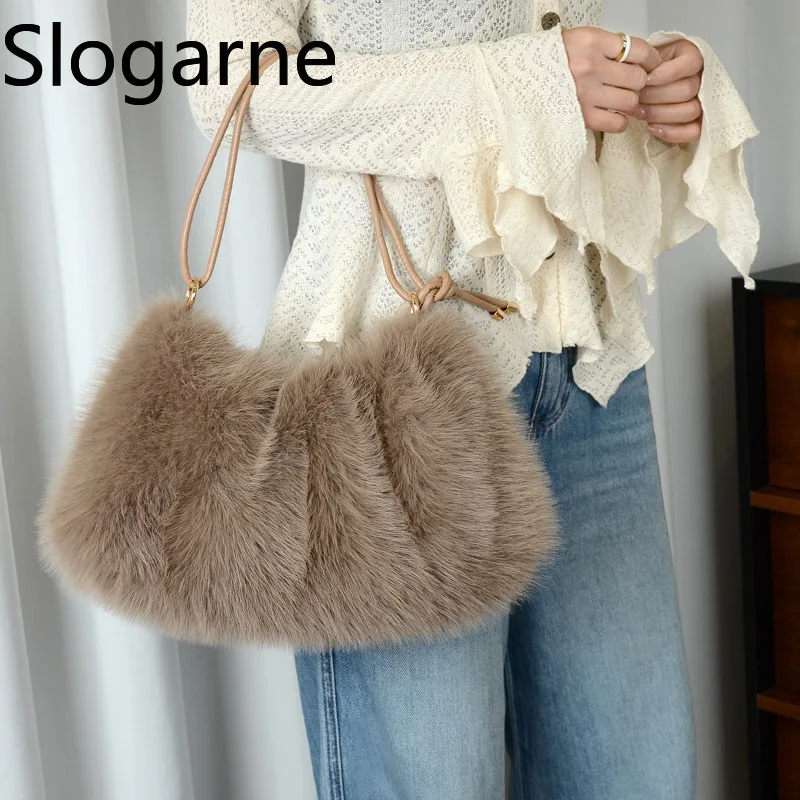 Frauen Herbst Winter Pelz Handtasche Damen Mode Faux Pelz Tasche Einfarbig Große Kapazität Zipper Flauschigen Messenger Schulter Tasche