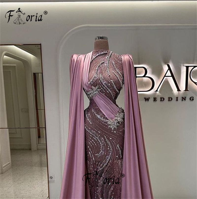 Modest Pink Evening Wedding Dresses with Long Shawl Beads Crystal Mermaid Customized Formal Party Dress Elegant Gala Robe Soiree