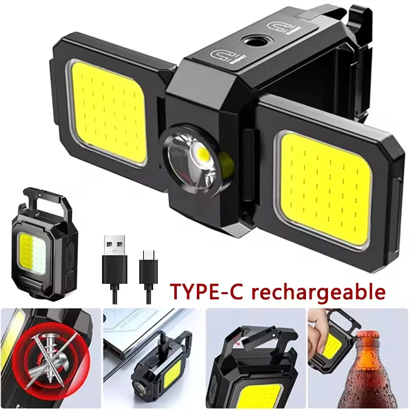 Torcia Mini Portachiavi Luce COB Lampada da lavoro Lampada ricaricabile USB con 90 °   Luci laterali pieghevoli Lanterne portatili super luminose