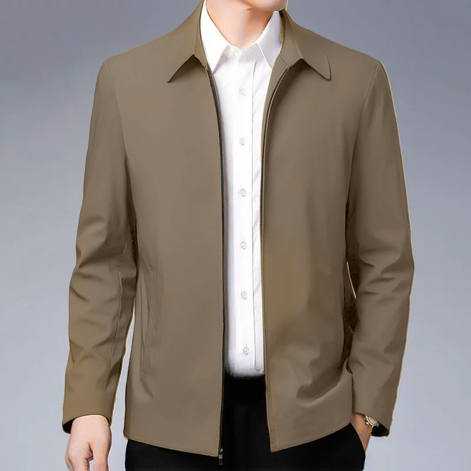 Chaqueta de hombre Elegante chaqueta de solapa para hombre de mediana edad con bolsillos con cierre de cremallera para negocios formales o ropa casual en primavera y otoño