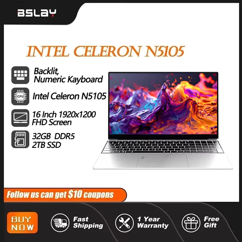 Laptop para jogos, 16 polegadas, intel n5105, 32gb de ram, 2tb, ssd, ddr5, win11, desbloqueio por impressão digital, câmera hd, teclado retroiluminado, ultrabook portátil