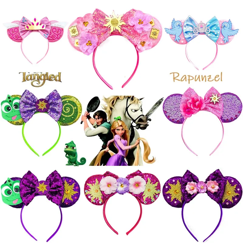 Mickey mouse rapunzel acessórios para o cabelo feminino sol flor orelhas headbands crianças lantejoulas arco camaleão hairbands emaranhado headwear
