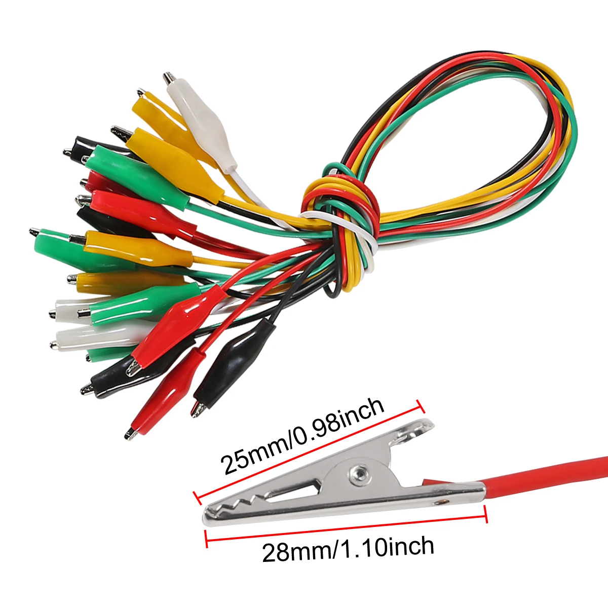 10 pz 50 cm Morsetti a coccodrillo 5 Colori Ponticelli Kit Puntali con Isolatori a doppia estremità Cavo per Collegamento di Circuito Elettrico