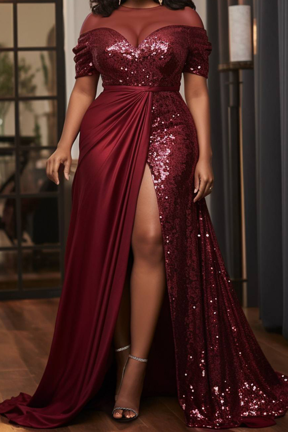 Plus Size Formal Satin Burgundy Round Neck Short Sleeve Contrast See Through Sequin Maxi Dresses