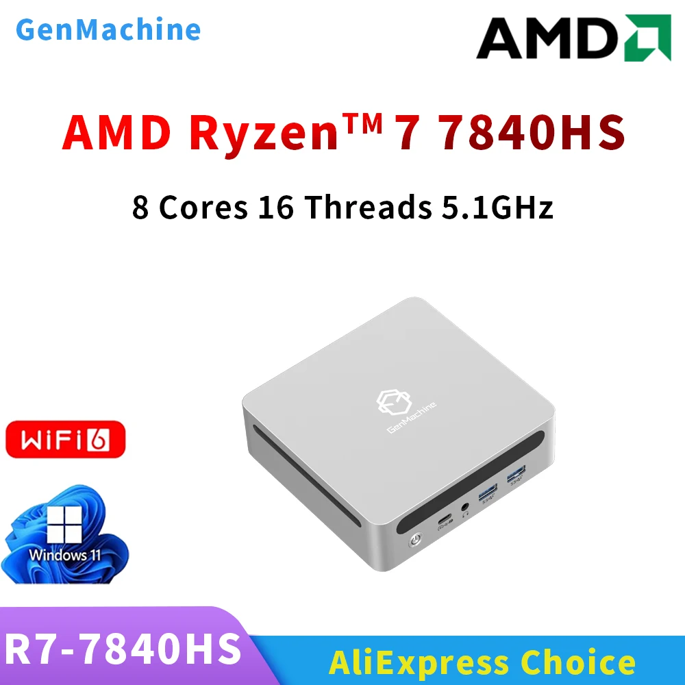 Genmachin amd 7840hs mini pc windows 11 ryzen lpddr5 32gb 6400mhz ram wifi6 bt5.2 jogo de computador diy computador de jogos