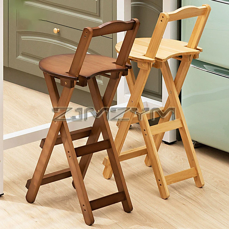 Bamboo Foldable Bar Chair Portable High Counter Stool Space Saving with Backrest Nordic Coffee Shop Dining Furniture