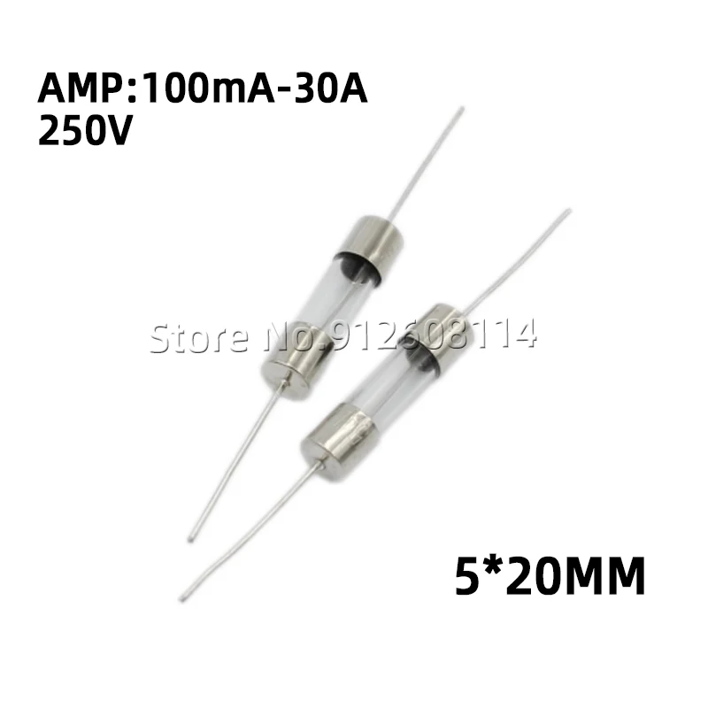 20 個 5*20 ミリメートルガラスヒューズ 250V 0.5A 1A 1.5A 2A 3A 3.15A 4A 5A 6.3A 8A 10A 15A 25A 鉛ガラスヒューズチューブ