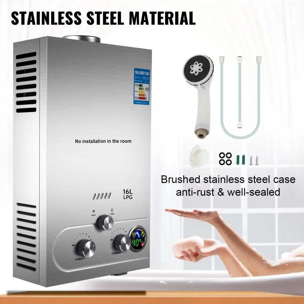VEVOR 6L 8L 10L 12L 16L 18L LPG Portable Instand Water Heater Propane Gas LPG Wall-Mounted Tankless Water Heater Digital Display