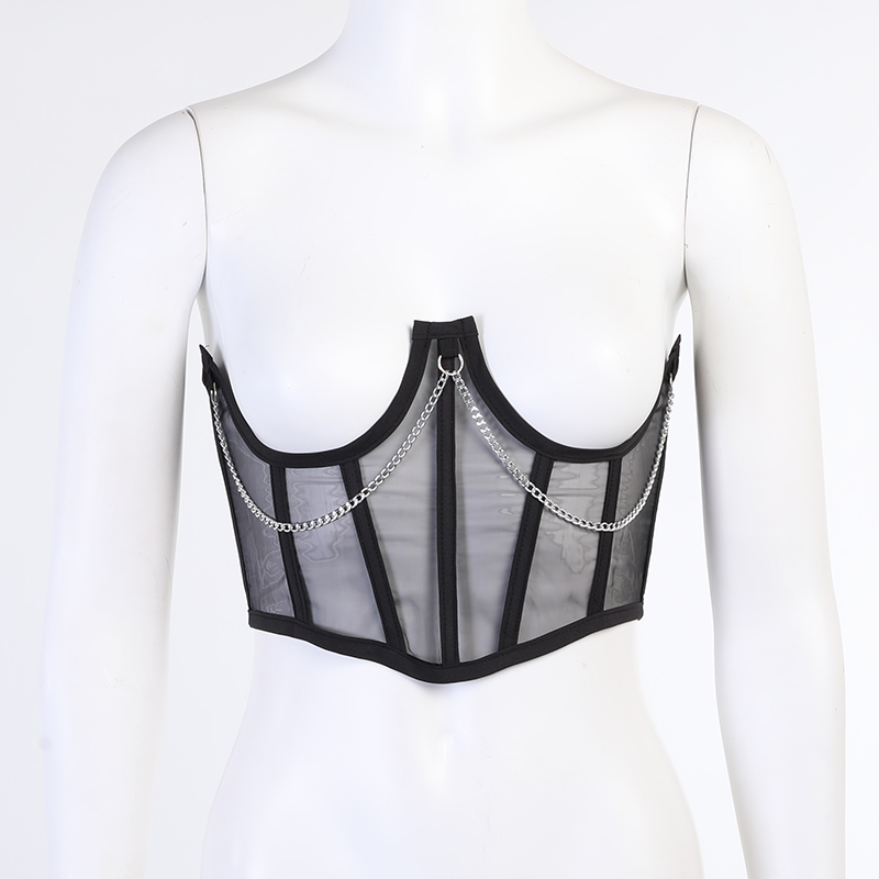 Punk Metal Chain Black Corset Mall Goth High Waist Corsets Harajuku Vintage Mesh See Through Waist Shaper Corsets 2023