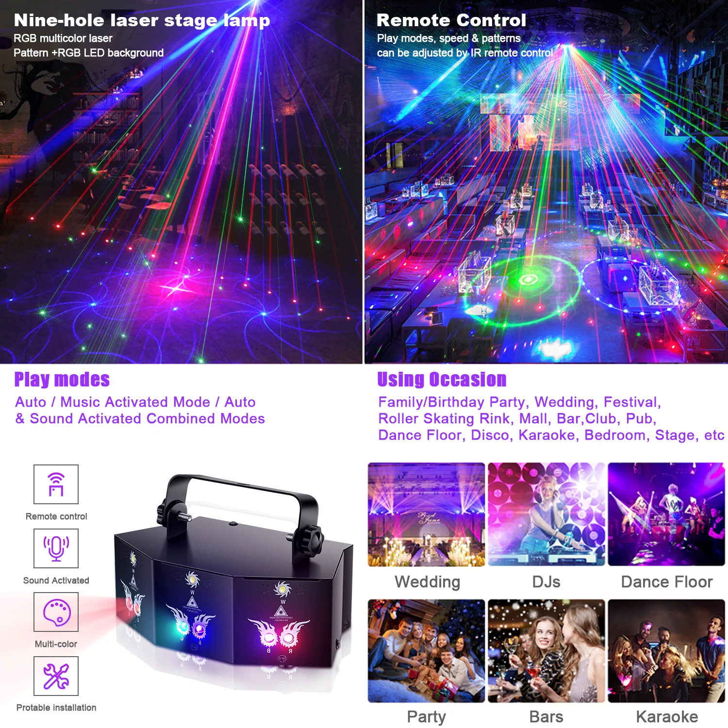 U'King 9 Eyes Projektor RGB Laser Party Light Zdalnie sterowane oświetlenie sceniczne 7CH DMX512 Oświetlenie klubu nocnego dla DJ Disco Show