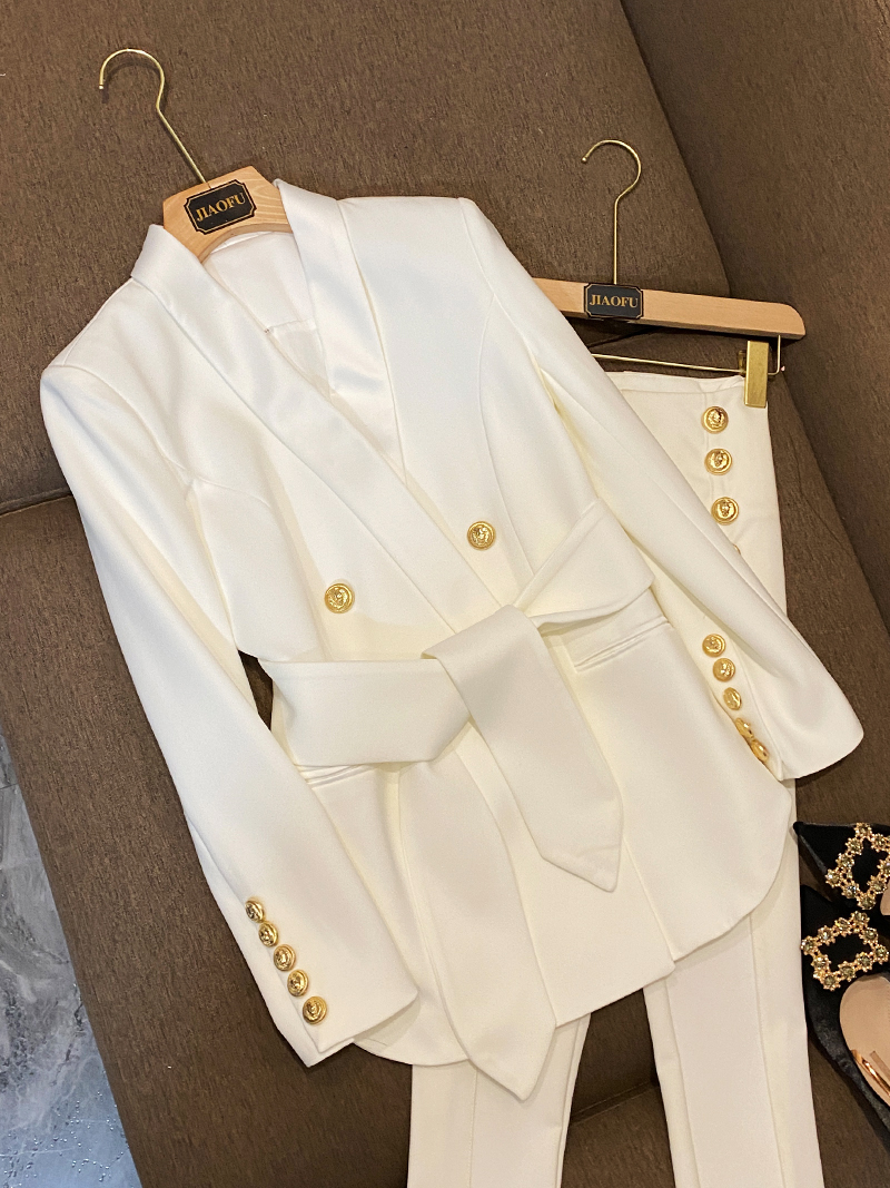Blazer trespassado sólido feminino com cinto, casaco de qualidade, senhora do escritório, gola xale, nova chegada, estilo europeu