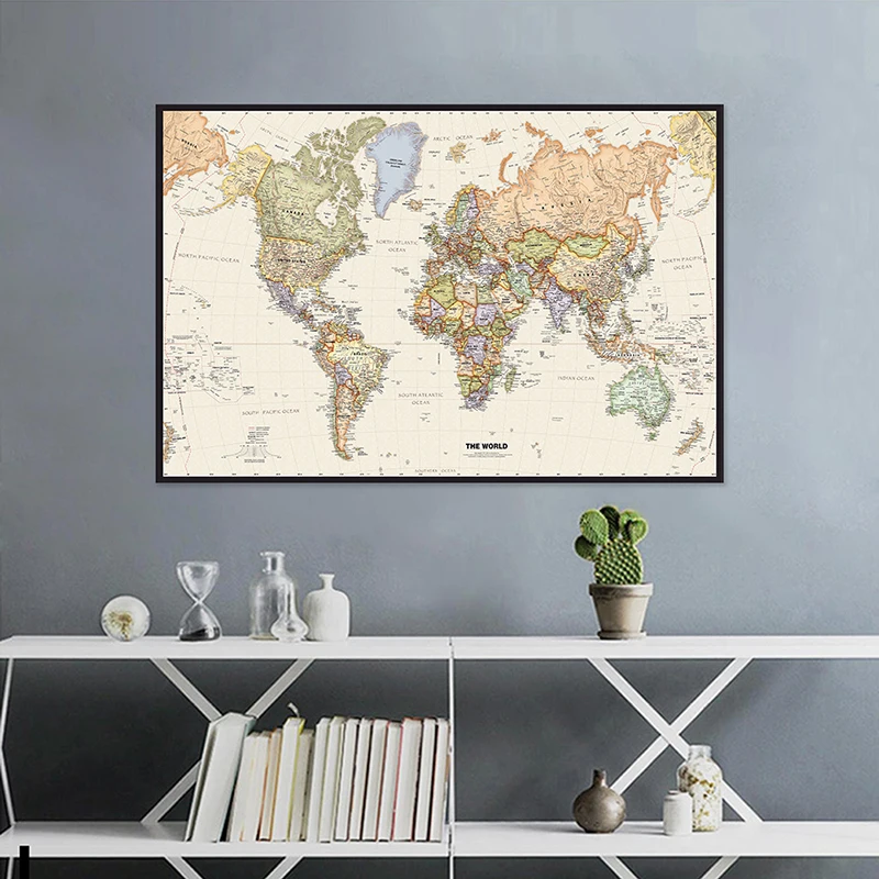 La mappa del mondo 225 * 150 cm Mappa dettagliata non tessuta delle grandi città in ogni paese per l'arredamento dell'ufficio scolastico