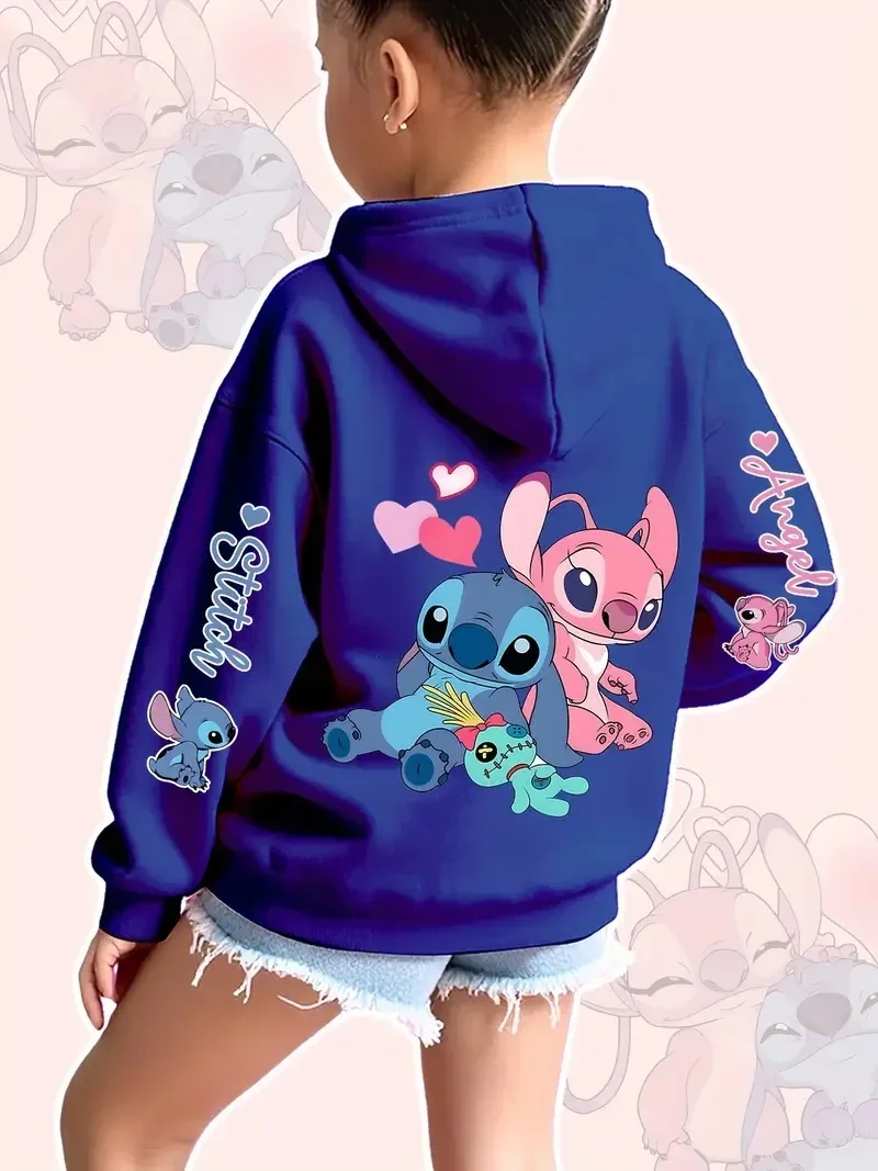 2025 Disney Felpe con cappuccio Moda Stitch Angelo Mostro Tasca Felpa Pullover Felpe carine Ragazze Bambini Felpa Cartoon Top Y2k