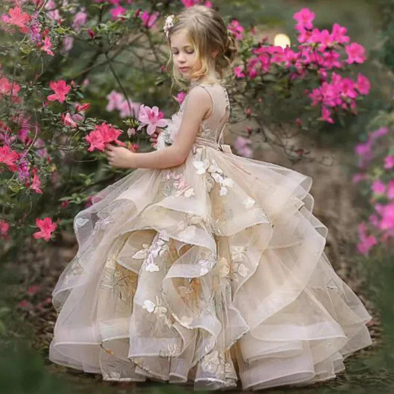 ที่กําหนดเองดอกไม้สาวชุดแชมเปญแขนกุดฉัตรTulle Applique Fitงานแต่งงานชุดเจ้าหญิงHoly CommunionวันเกิดGowns