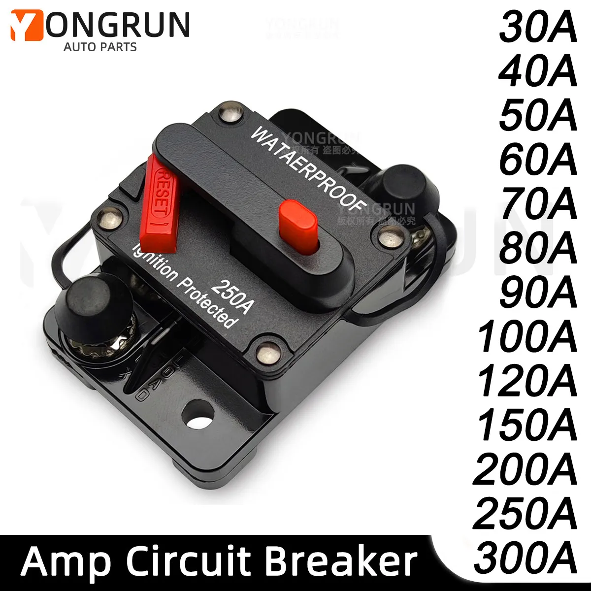 Disjuntor 30A a 300A com reinicialização manual para sistema de áudio de carro Fusível de redefinição de disjuntor marinho à prova d'água 12V- 48V DC