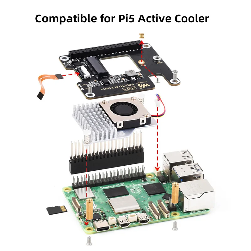 Raspberry Pi 5 PCIe a M.2 HAT NVME Placa de expansión de alta velocidad con Cable 16P GPIO Header compatible con enfriador activo para RPI 5 Pi5