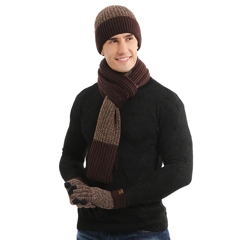 Conjunto para mantener el calor de otoño e invierno para hombre, gorro Unisex, guantes, bufanda, silenciador de punto de hilo de lana para hombre, sombrero de Color de contraste para primavera y otoño