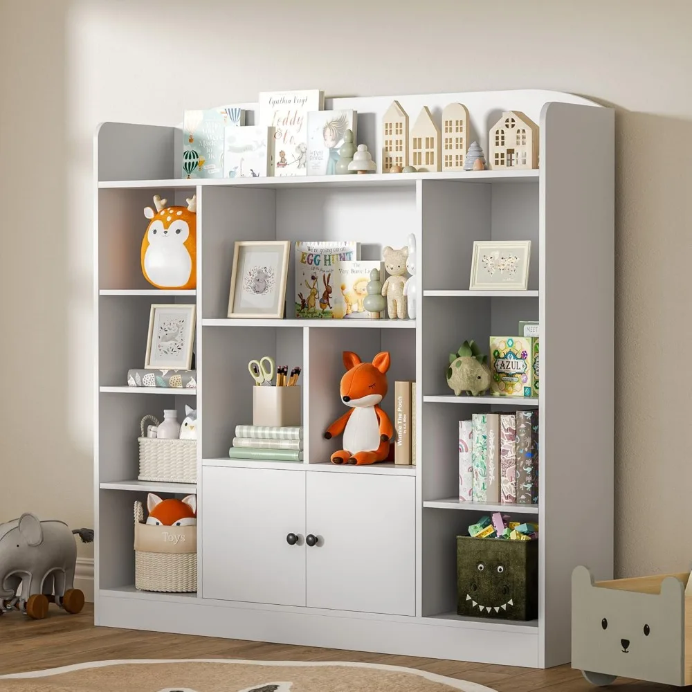 White Kids Bookshelf, Kids Bookcase with 11 Cubbies and 2 Cabinets, Freestanding Book Storage Shelves for Bedroom, Playroom