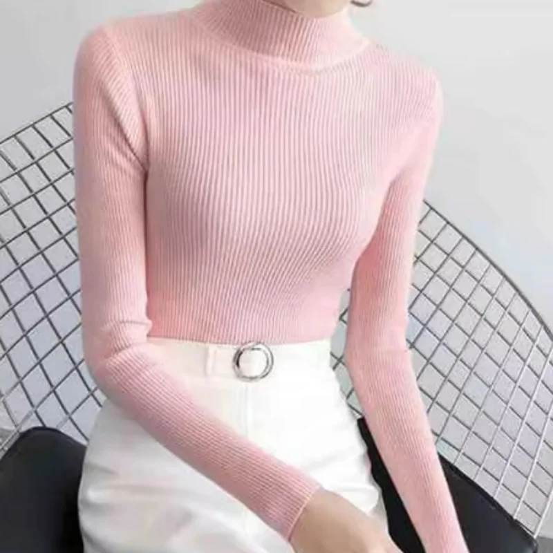 가을 겨울 모의 목 여성 스웨터 빈티지 기본 솔리드 니트 탑 캐주얼 슬림 풀오버 한국 스웨터 Simple Chic Jumpers