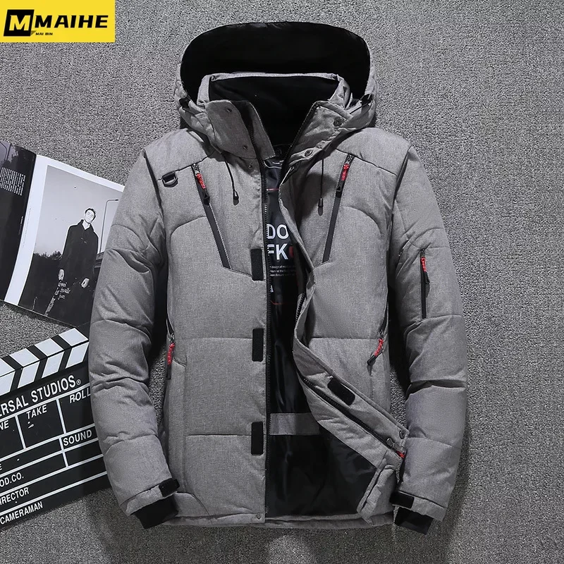 แจ็กเก็ตขนห่านสำหรับใส่กลางแจ้งหรูหราสำหรับฤดูหนาวเสื้อคลุมขนเป็ดหนาเสื้อขนเป็ดมีฮู้ดสีพื้นอบอุ่นสำหรับผู้ชายแจ็คเก็ตขนเป็ด2024