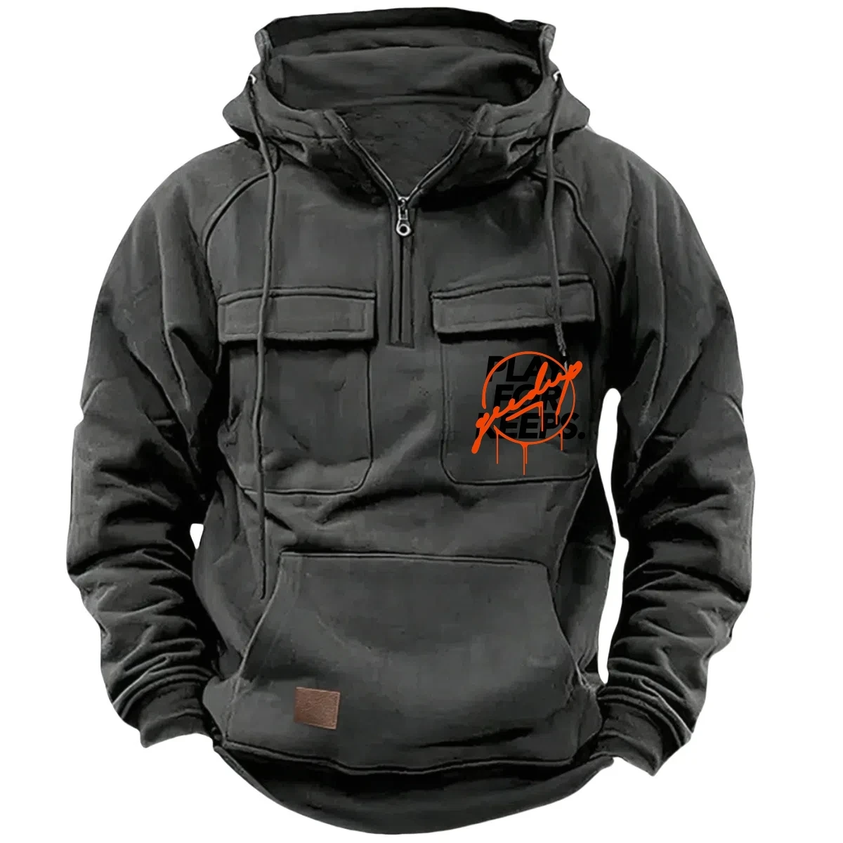 Moletom com capuz tático com meio zíper masculino, moletom estilo workwear de lã quente de cor sólida, jaqueta com capuz com vários bolsos masculinos