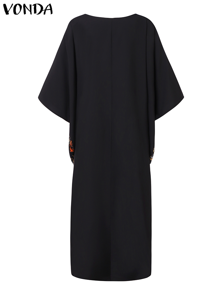 ボンダ-パフスリーブのマキシドレス,ラージサイズ,ラウンドネック,ボヘミアンスタイル,ロングサマードレス,森柄,バケーションウェア,2024