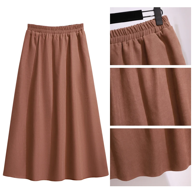 Saia de tecido de poliéster casual feminino, plus size, monocromática, simples design combinando, solto confortável, apuramento especial, outono