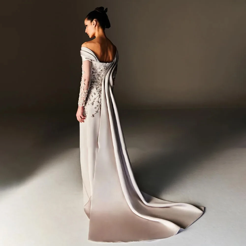 Customized Evening Dresses Beading Appliques Off The Shoulder Light Champagne Evening Gowns Long Sleeves A Line Women's Formal