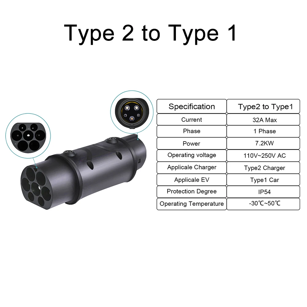 Teschev 32A Type1 a Type2 EV Adaptador de cargador Type2 a GBT Conector de vehículo eléctrico Type2 a Type1 Conventor EVSE